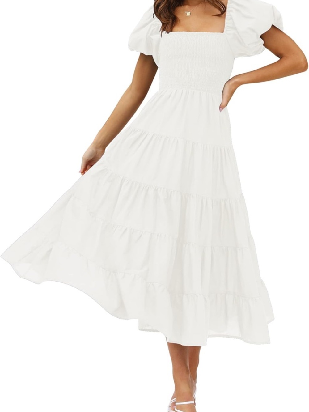 Smocked Square-Neck White Tiered Maxi Dress with Puff Sleeves